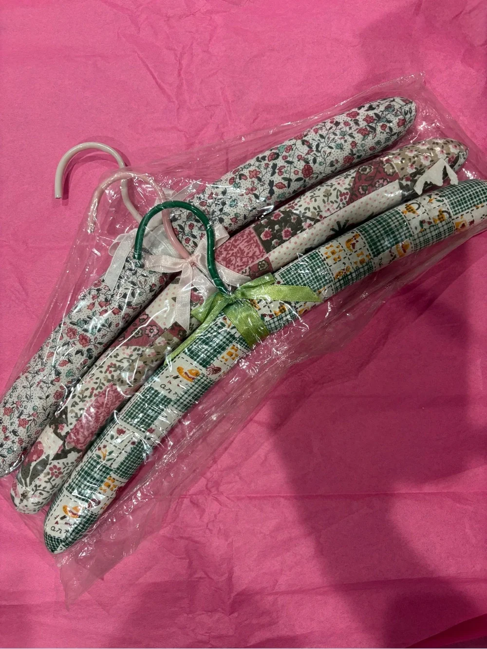 Set of 3 vintage Floral Padded Fabric Hangers - Pink, Green, Cream